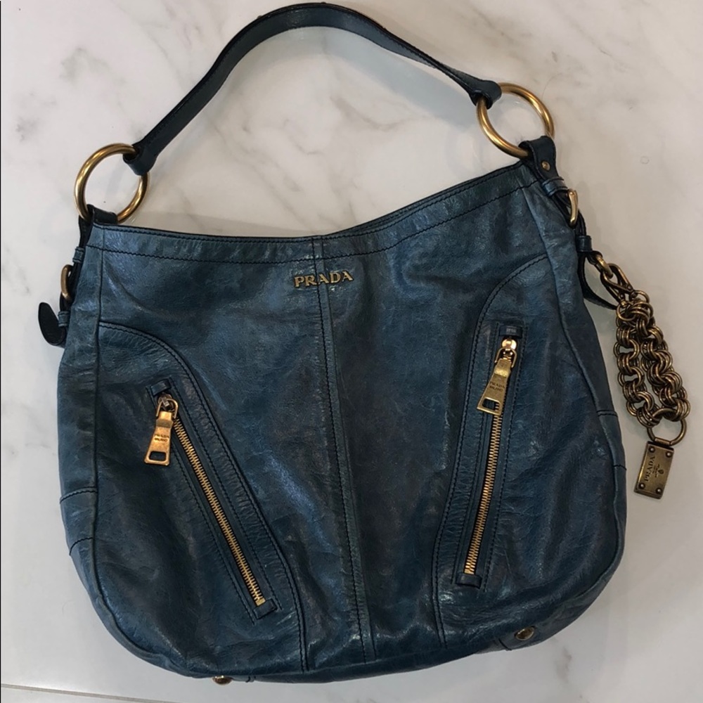 Prada Blue Calfskin Leather Hobo Bag